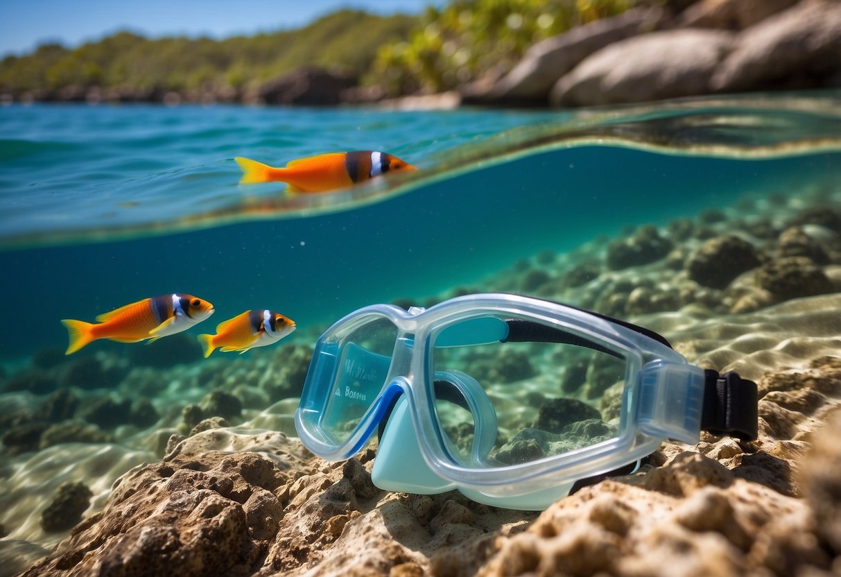 Crystal clear water with colorful fish and coral. A snorkel and mask sit on the shore next to a water bottle and a sign that reads "Hydrate before heading out."