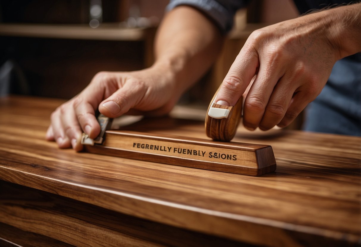A hand applying shellac to a wooden furniture piece, with a label "Frequently Asked Questions" nearby