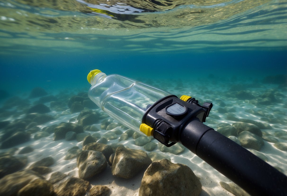 Crystal clear ocean water with snorkel gear floating on the surface. A water bottle nearby with a splash of water in motion