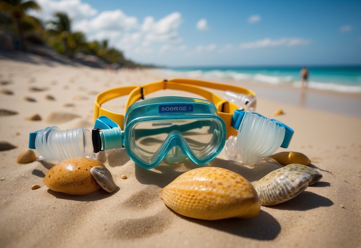 Crystal-clear water, colorful fish, and a snorkel gear on a sandy beach with a "No Alcohol" sign