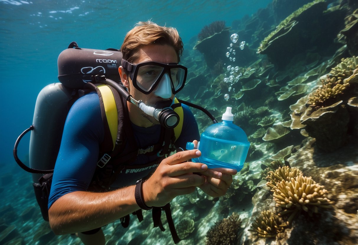 A snorkeler wears a hydration pack while exploring underwater. The pack is secured on the back, with a tube extending for easy sipping