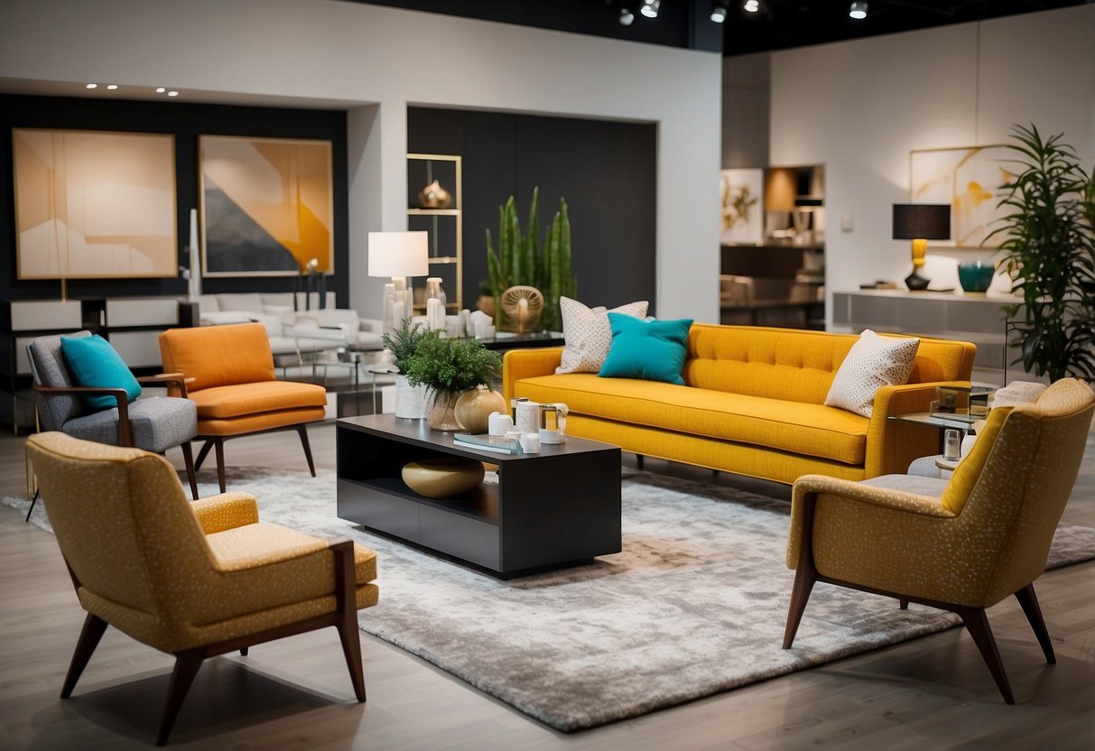 A showroom filled with modern furniture displays, vibrant colors, and sleek designs. Customers browse through the various offerings, while staff members assist with inquiries