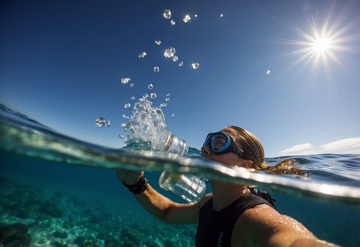 A snorkeler drops an electrolyte tablet into a water bottle. Sunlight glints off the surface as they prepare to stay hydrated while exploring the ocean