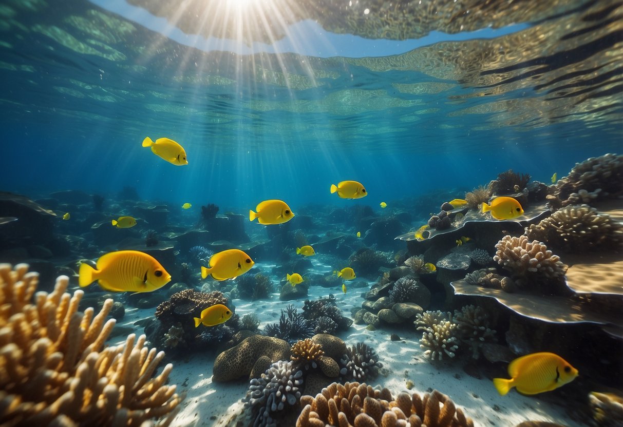 Crystal-clear ocean water with colorful fish and coral. Snorkel gear floating on the surface. Sun shining down, emphasizing the need for hydration