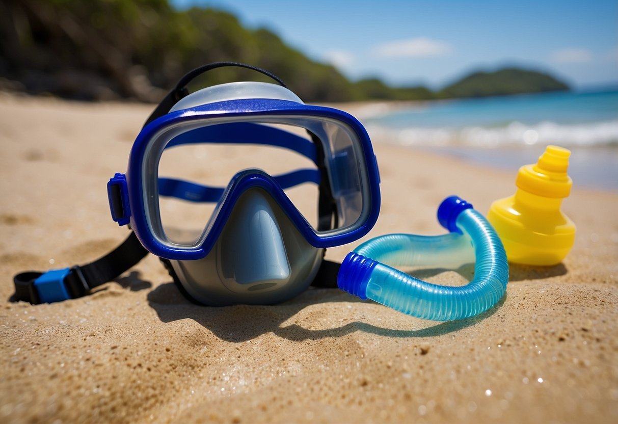 Crystal clear water surrounds a snorkel mask and flippers on a sandy beach. A water bottle and hydration pack sit nearby