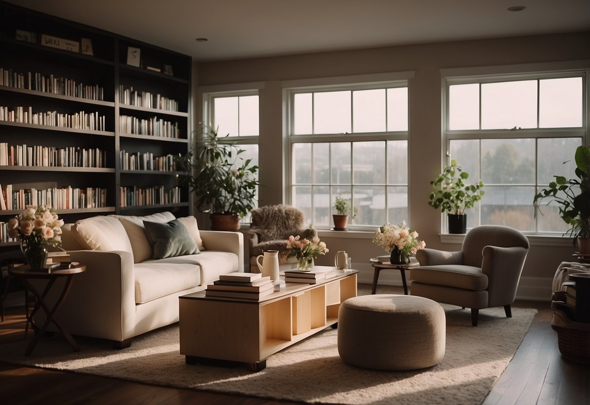 A cozy lounge area with armchairs, coffee tables, and soft lighting. A bookshelf filled with novels and a vase of fresh flowers on a side table