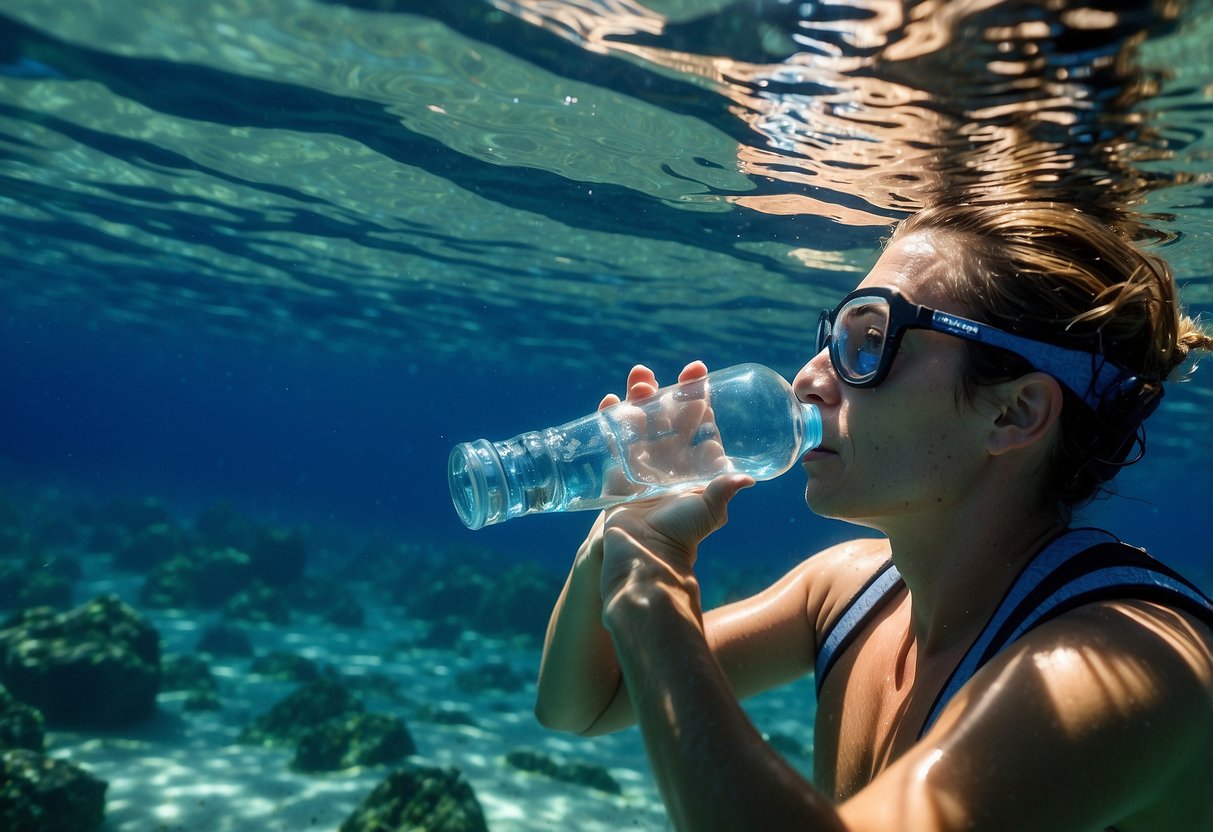 Crystal-clear water surrounds a snorkeler, who sips from a reusable water bottle. Sunlight dances on the surface, reflecting the shimmering blue depths below. Nearby, a buoyant hydration pack bobs in the gentle waves