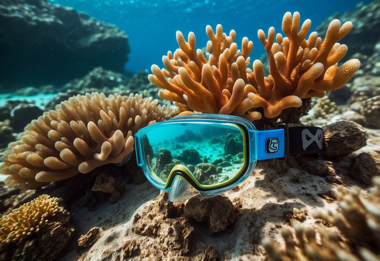 Crystal clear water surrounds colorful coral reefs. Snorkeling gloves protect against sharp rocks and marine life