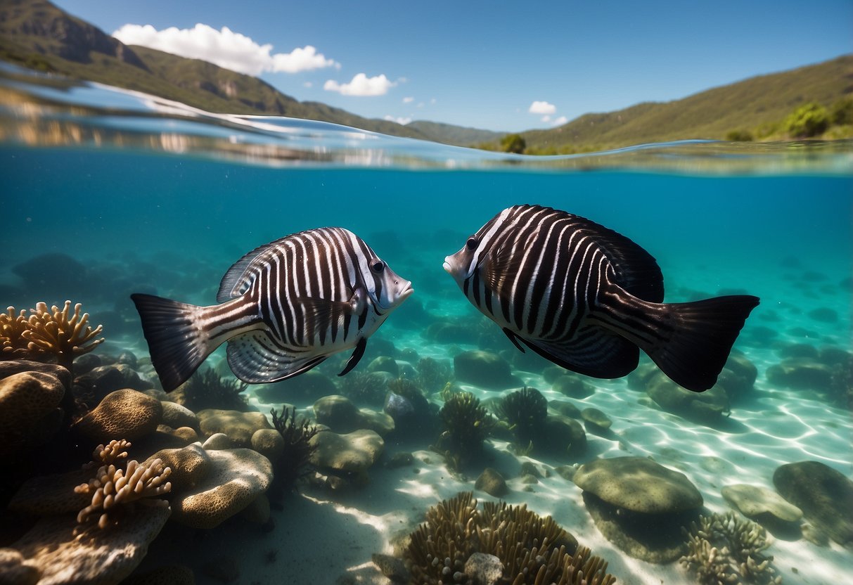 A pair of Seavenger Zephyr Unisex Snorkeling Gloves floating on the surface of crystal-clear ocean water, surrounded by colorful marine life