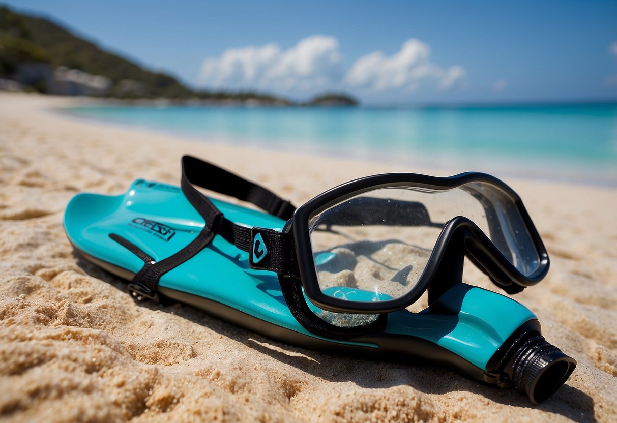 A pair of Cressi Tropical 2mm gloves lying on a sandy beach next to a snorkel and mask, with crystal-clear water in the background