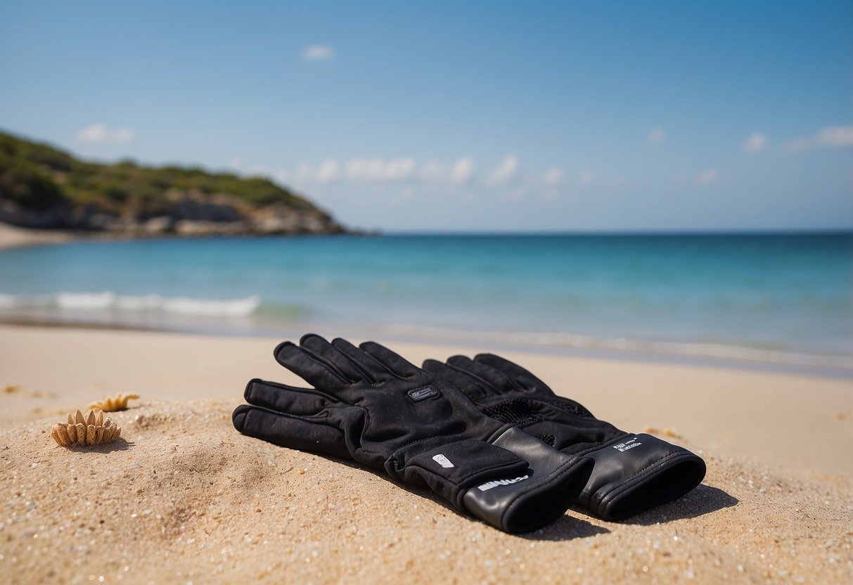 A pair of Mares Pure Instinct Amara gloves lying on a sandy beach with snorkeling gear in the background