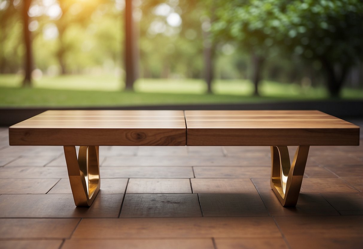A wooden table with a rectangular top and spiral-shaped legs, following the golden ratio in its dimensions and proportions