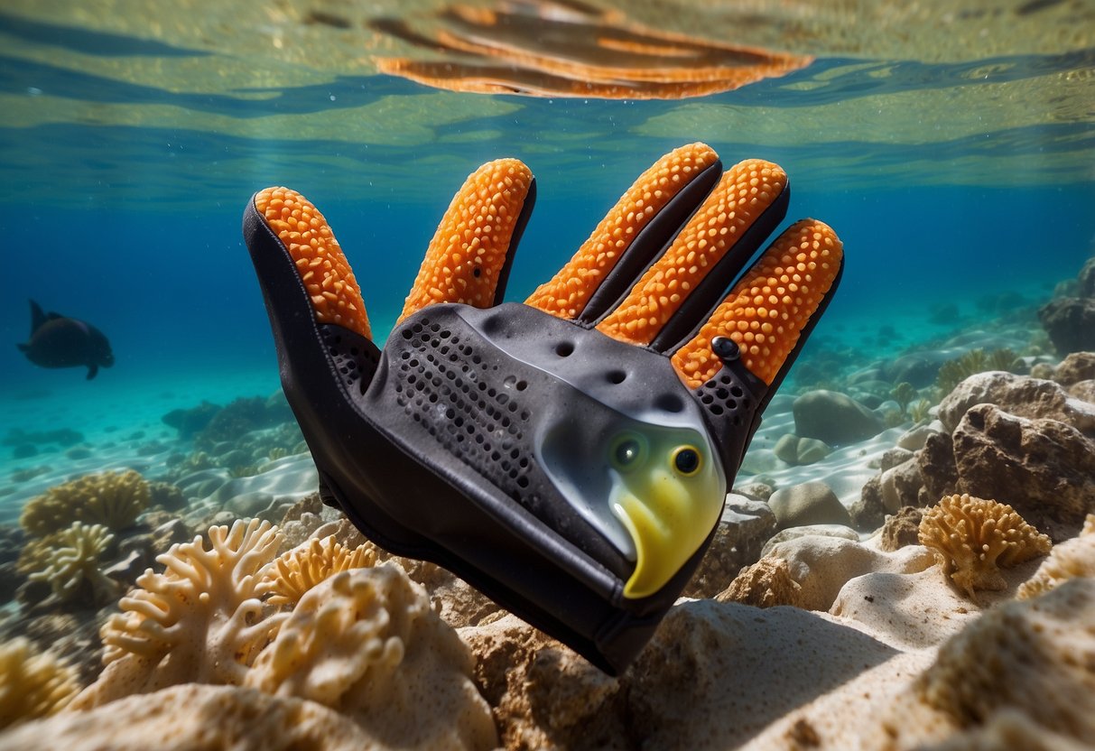 The IXS Ultraskin snorkeling gloves are displayed on a sandy beach with crystal clear water in the background, surrounded by colorful coral and marine life