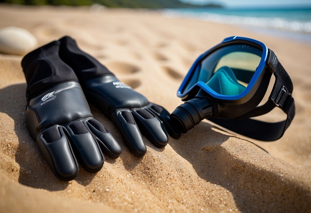 A pair of NeoSport 3mm Five Finger Gloves resting on a sandy beach next to a snorkel and mask, ready for protection during a snorkeling adventure