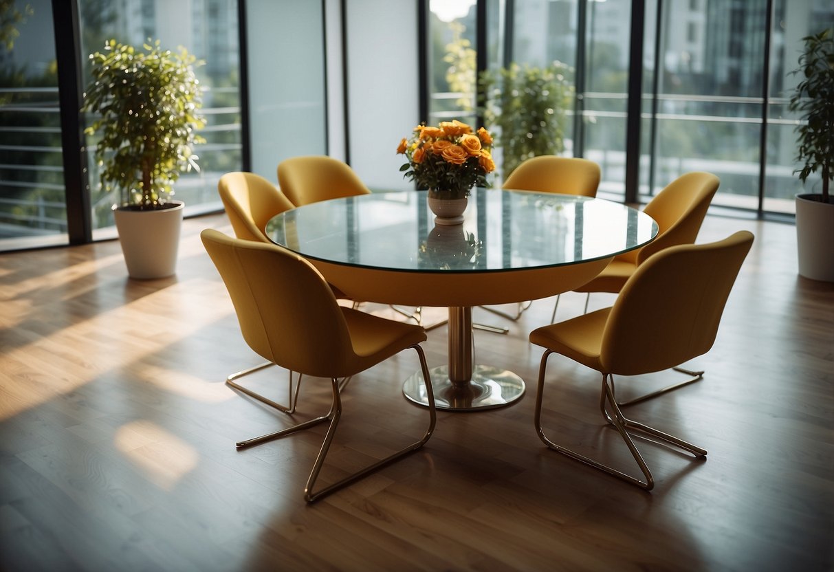 A table with dimensions adhering to the golden ratio, surrounded by chairs with harmonious proportions, placed in a well-lit room with clean lines and balanced composition