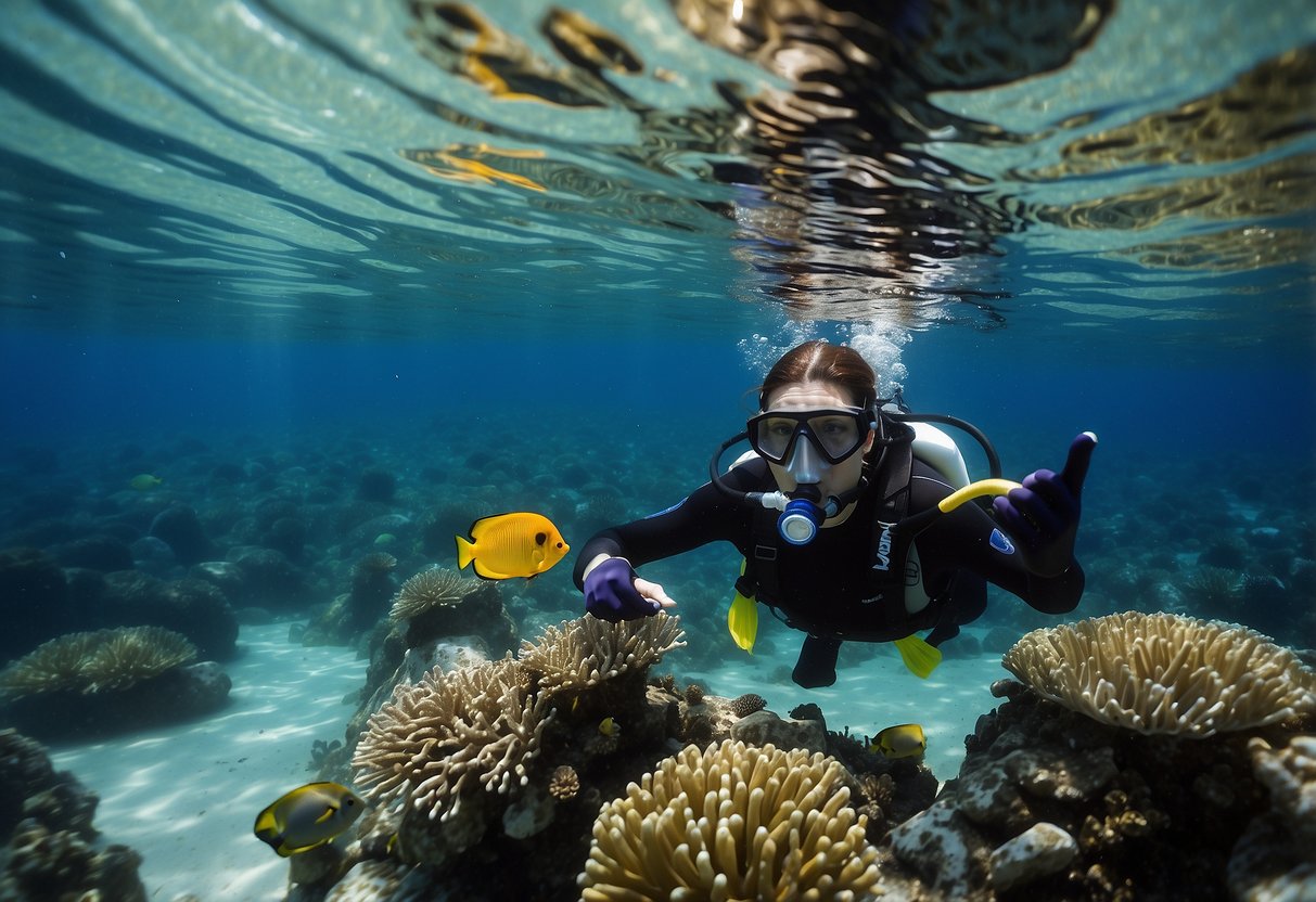 Crystal-clear water, vibrant coral reefs, and a variety of marine life. A pair of snorkeling gloves is shown being used to protect hands while exploring the underwater world