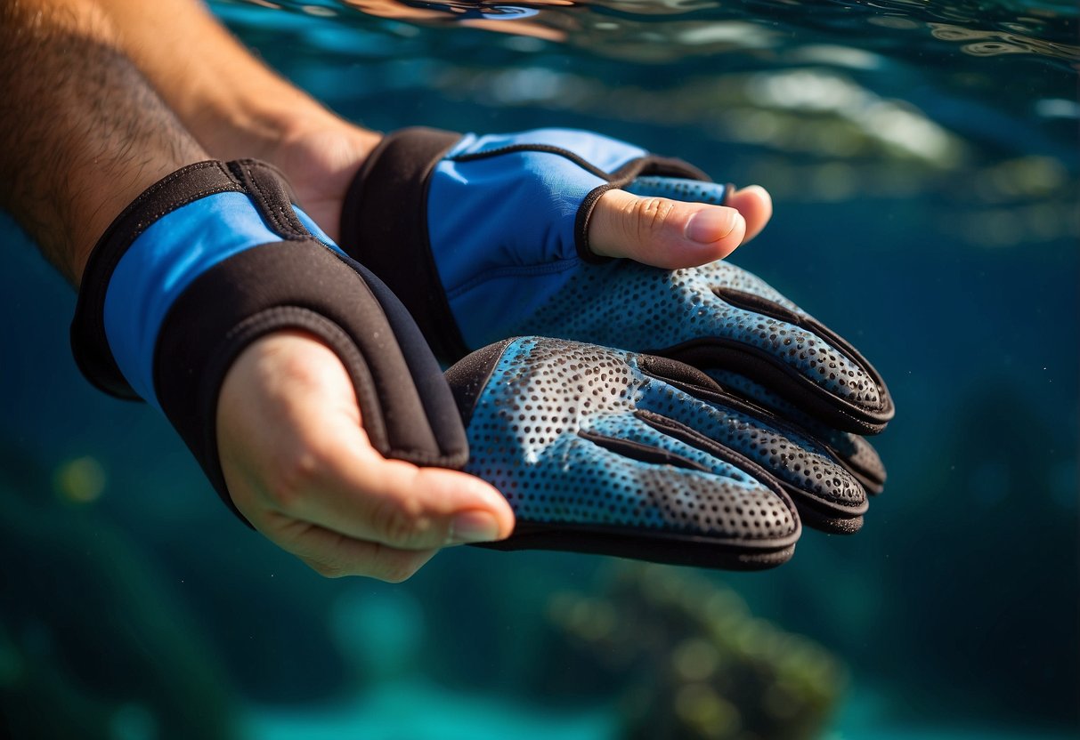 A pair of snorkeling gloves made of durable materials, with reinforced stitching and a textured grip for added protection