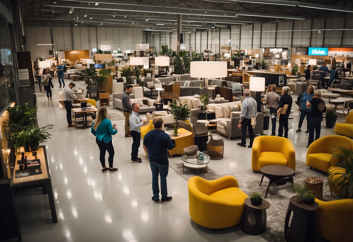 A bustling tradehub with customers browsing furniture, staff assisting, and signage displaying "Frequently Asked Questions" at Nova Furniture Tradehub 21