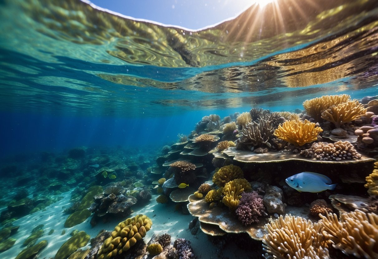 Crystal-clear water, colorful coral, and a variety of marine life. Five different types of snorkeling gloves laid out for comparison