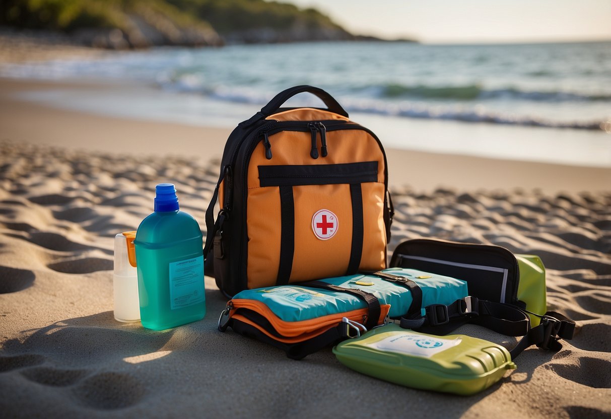 A snorkeling bag open on the beach, containing a first aid kit, sunscreen, water bottle, whistle, flashlight, bandages, antiseptic wipes, scissors, gloves, and a CPR mask