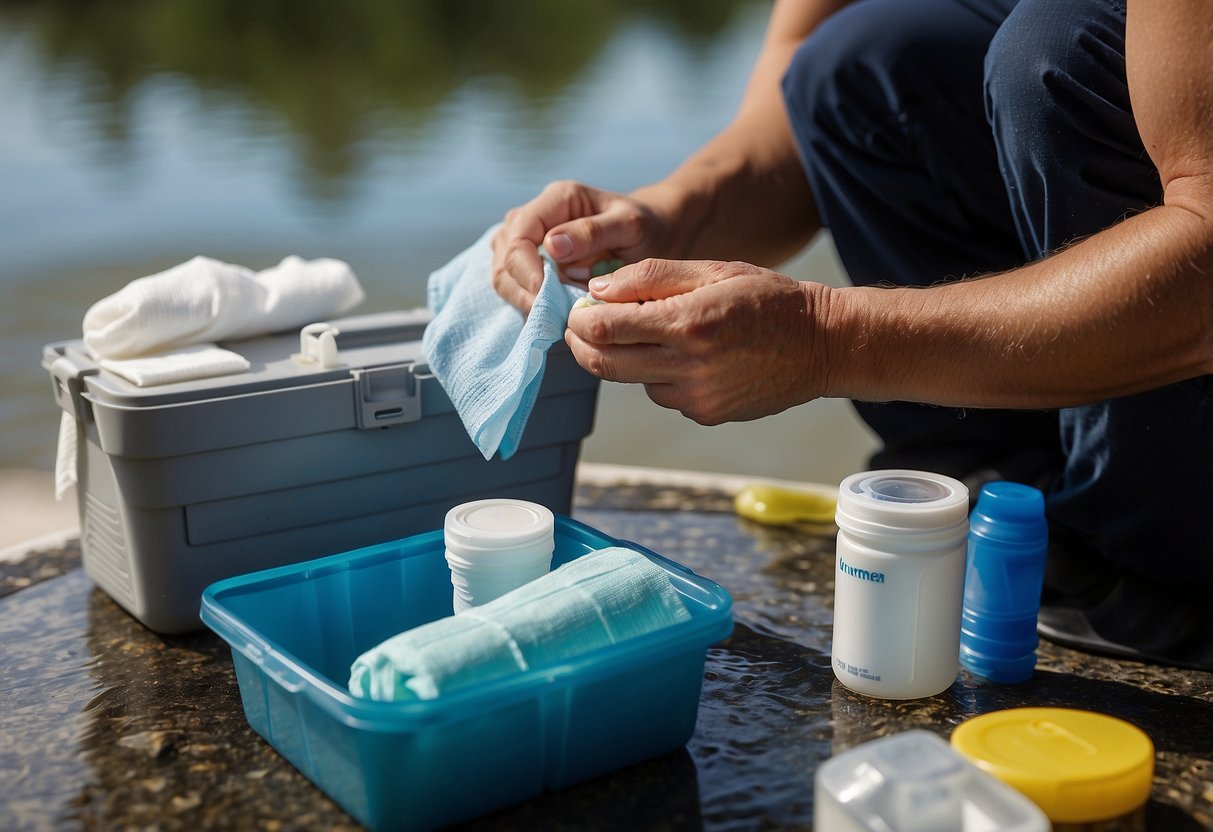 A snorkeler applies a Hydro Seal bandage to a small cut on their foot, surrounded by other essential first aid items like antiseptic wipes and adhesive bandages