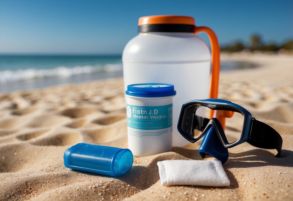 A package of antiseptic wipes placed next to a snorkel, mask, and other first aid items on a sandy beach