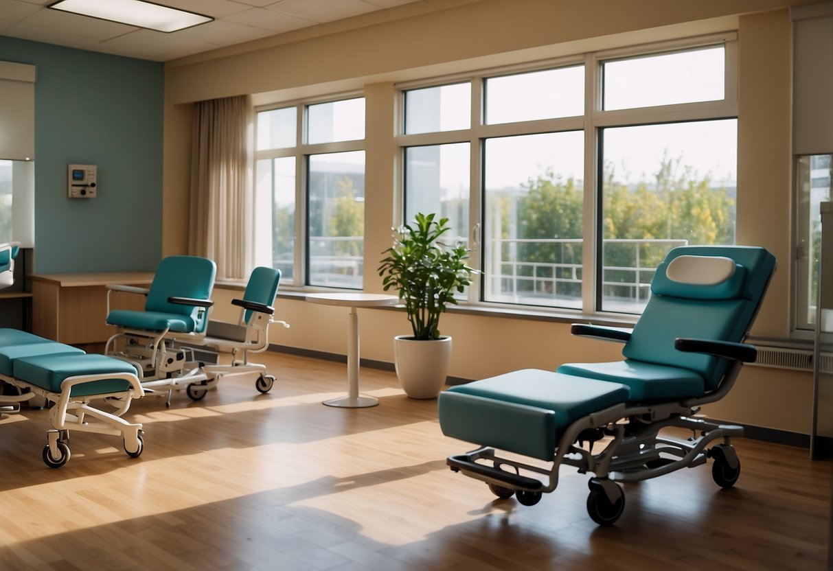A modern nursing home room with ergonomic furniture and adjustable features for comfort and accessibility