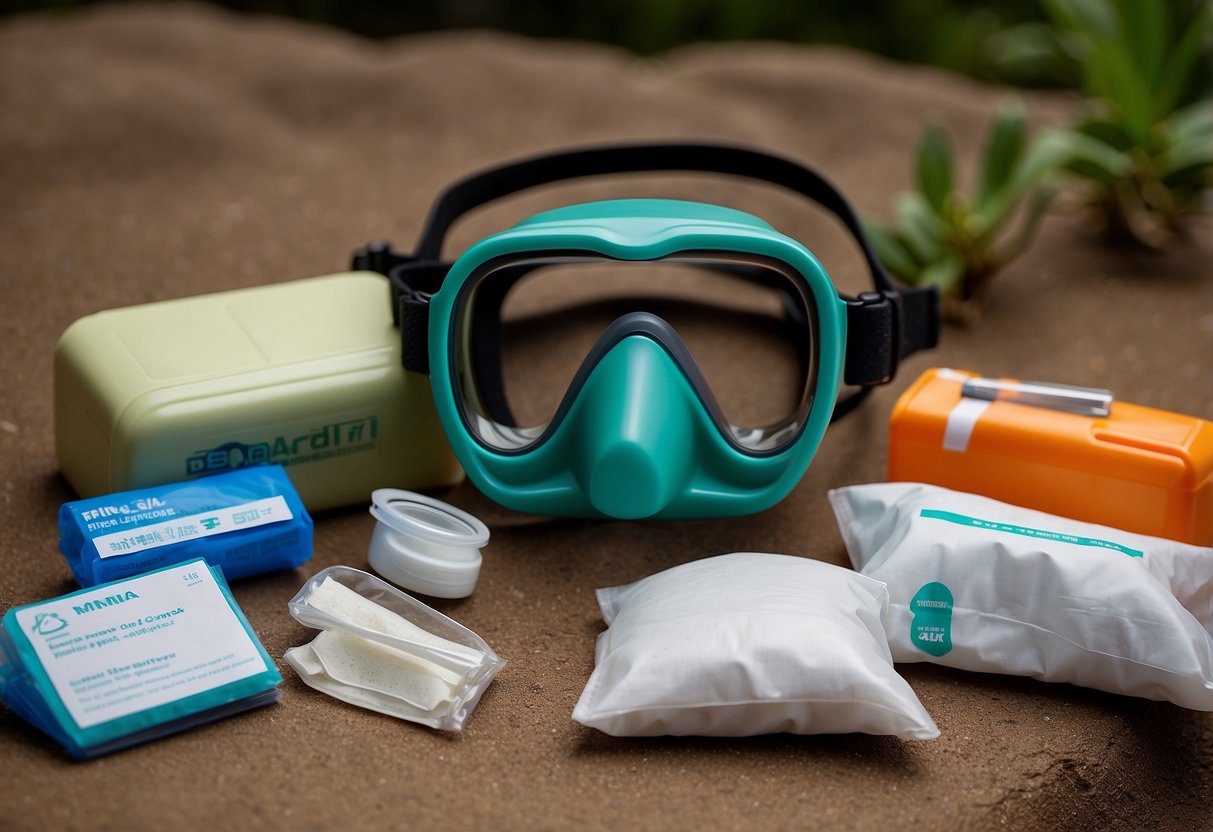 A CPR face shield mask surrounded by essential first aid items for snorkeling, including bandages, antiseptic wipes, and a whistle