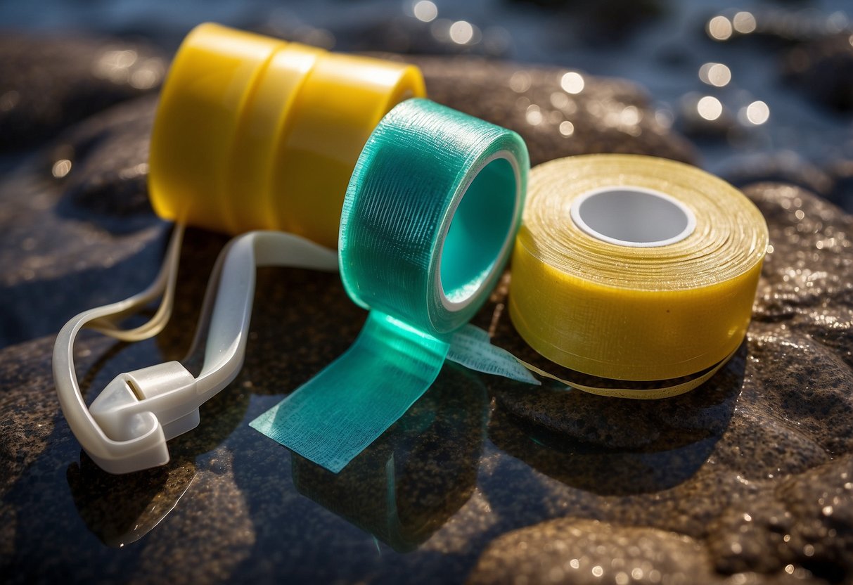 A roll of waterproof medical tape sits alongside 9 other essential first aid items for snorkeling, including bandages, antiseptic wipes, and scissors