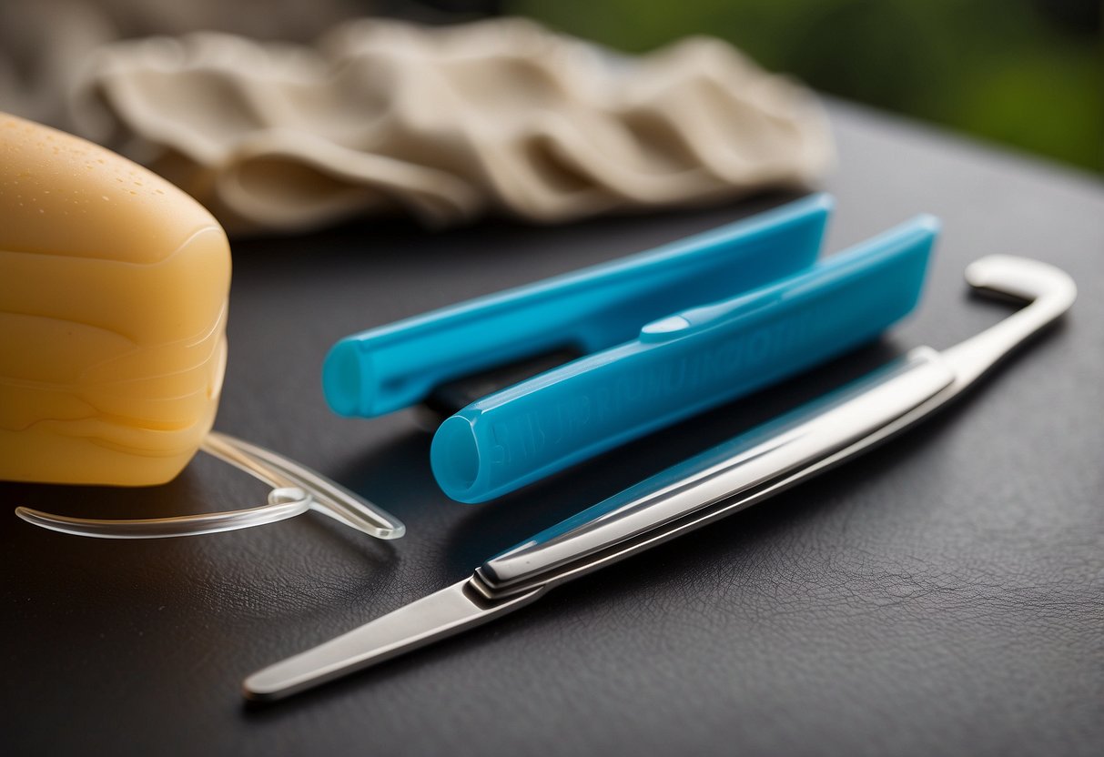 A pair of tweezers with a built-in light sits among 10 essential first aid items for snorkeling, including bandages, antiseptic wipes, and adhesive tape