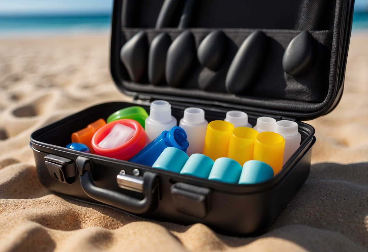 A hand reaches for a small case containing silicone ear plugs, next to other first aid items, on a sandy beach with snorkeling gear in the background