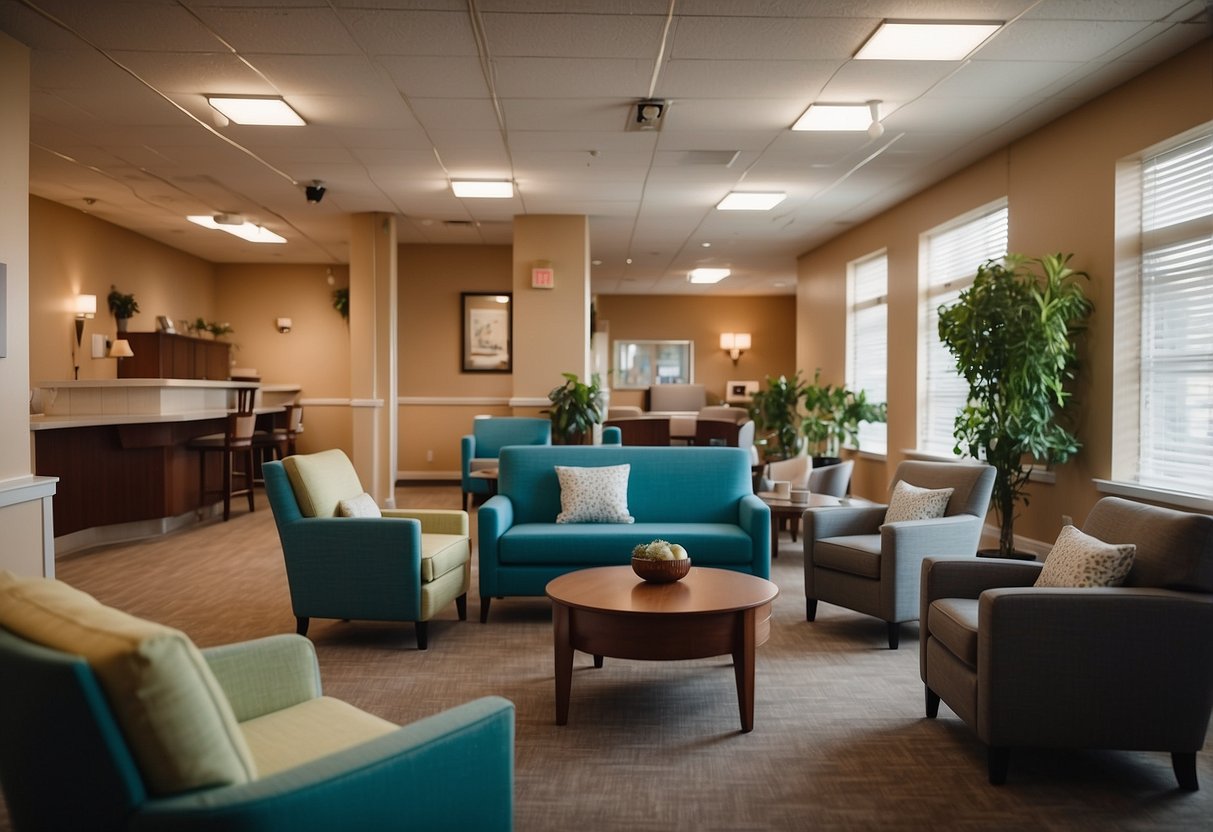 A cozy nursing home lounge with comfortable chairs, accessible tables, and a friendly reception desk. Bright lighting and soothing colors create a welcoming atmosphere