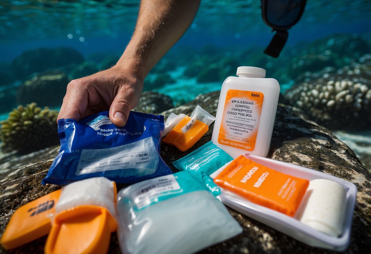 A hand reaches for an instant cold pack among snorkeling first aid items, including bandages and antiseptic wipes