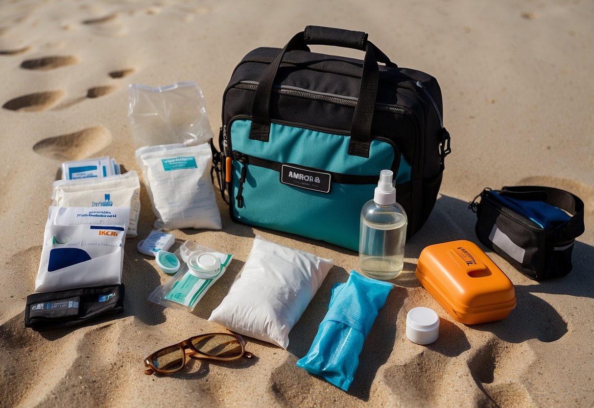 A snorkeler's first aid kit laid out on a sandy beach with essential items such as bandages, antiseptic wipes, and a CPR mask