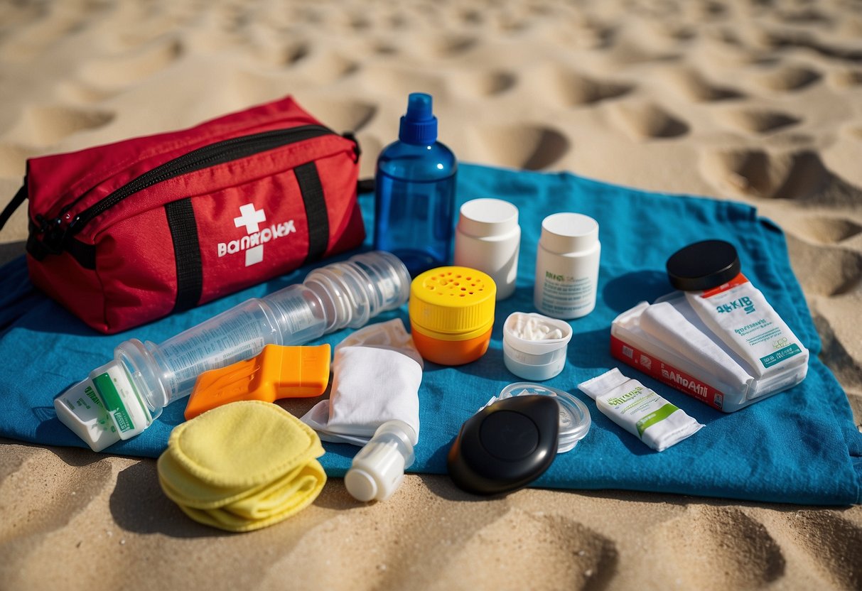 A snorkeler's first aid kit laid out on a beach towel, with items such as bandages, antiseptic wipes, and sunscreen arranged neatly for easy access