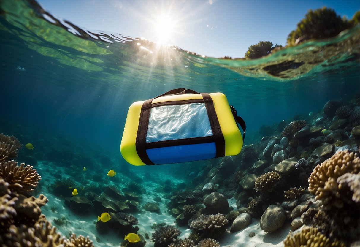 Crystal-clear water, colorful coral, and a variety of marine life. A snorkeler carrying a waterproof first aid kit. Safety buoy and snorkel gear nearby