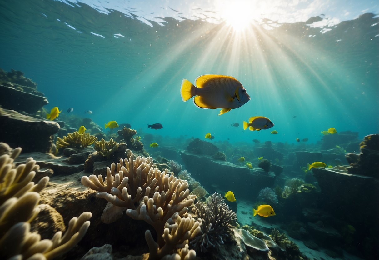 Sunlight filters through the clear blue water, illuminating a vibrant coral reef. A school of colorful fish swims gracefully past swaying seaweed and ancient shipwrecks