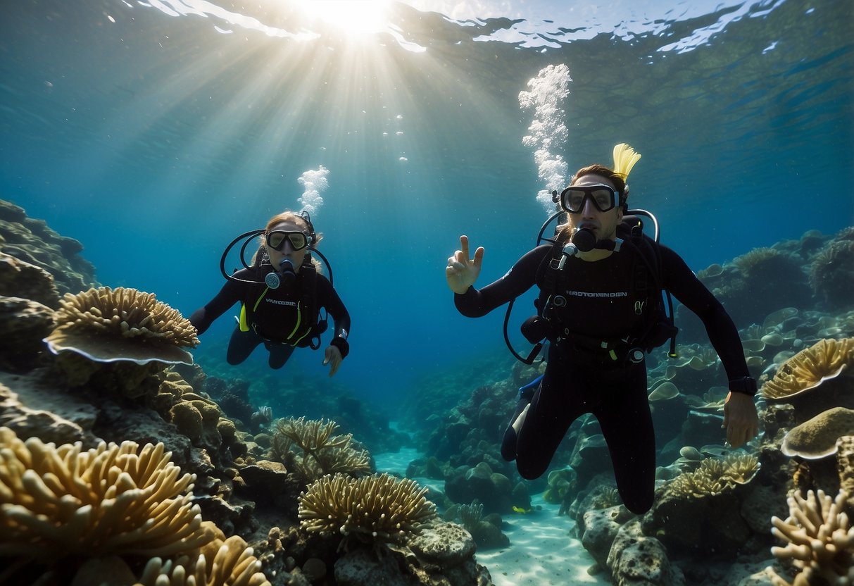 Two divers swim in clear water, using hand signals to communicate. They navigate through coral formations and sea life, following the tips for safe underwater exploration