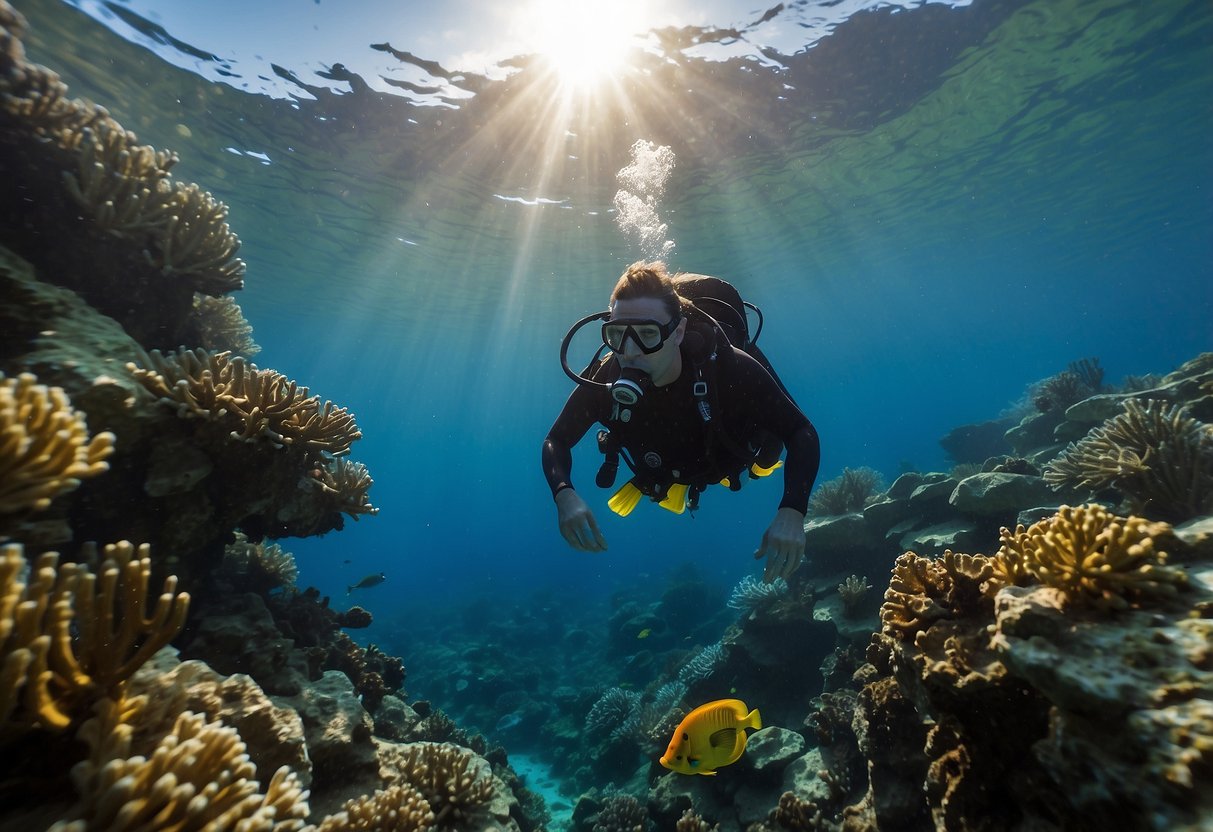 A diver adjusts buoyancy, using 7 tips for underwater navigation. The diver is surrounded by clear blue water, with colorful coral and marine life