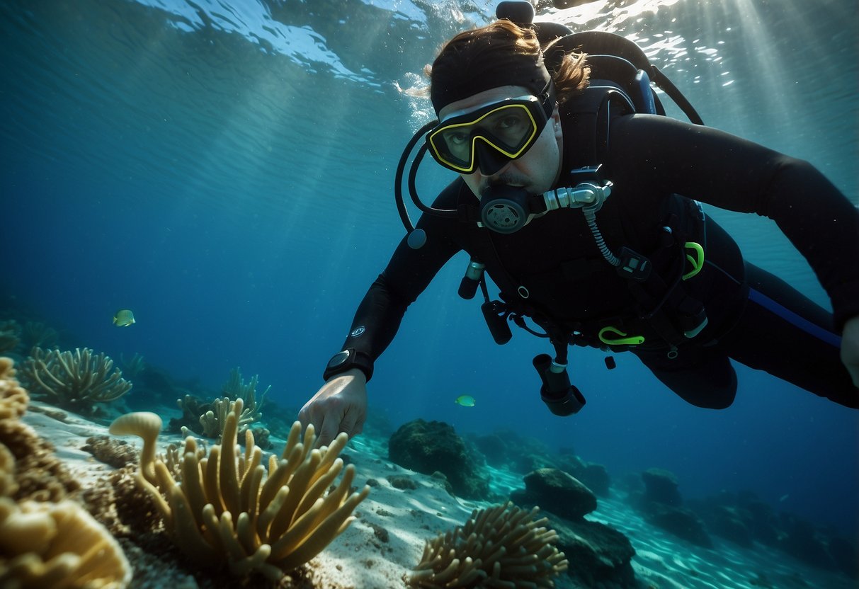 A diver demonstrates controlled breathing underwater