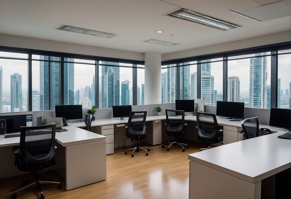 An office in Singapore featuring modern system furniture, sleek design, and efficient layout