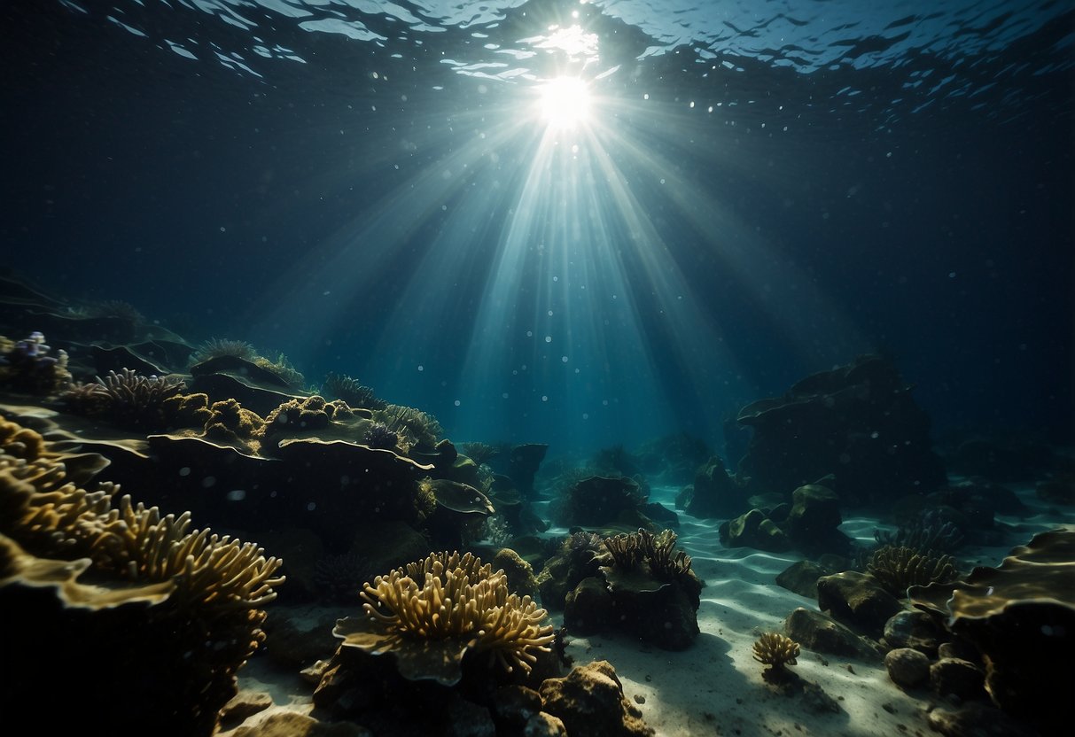 A dive light illuminates the dark underwater environment, casting a beam of light that cuts through the murky depths, revealing the hidden beauty of the ocean floor