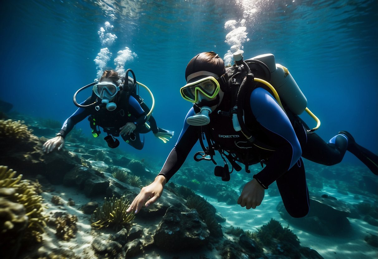 Divers secure gear underwater, following 7 tips. Mask, fins, tank, and regulator are properly fastened. Light streams through clear blue water