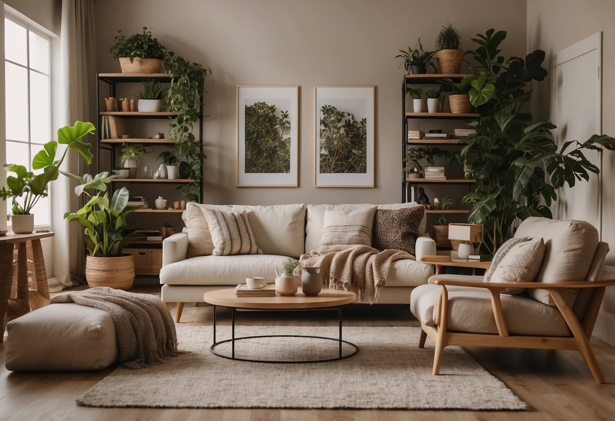 A cozy living room with a modern sofa, coffee table, and bookshelf. Soft lighting and plants create a warm, inviting atmosphere