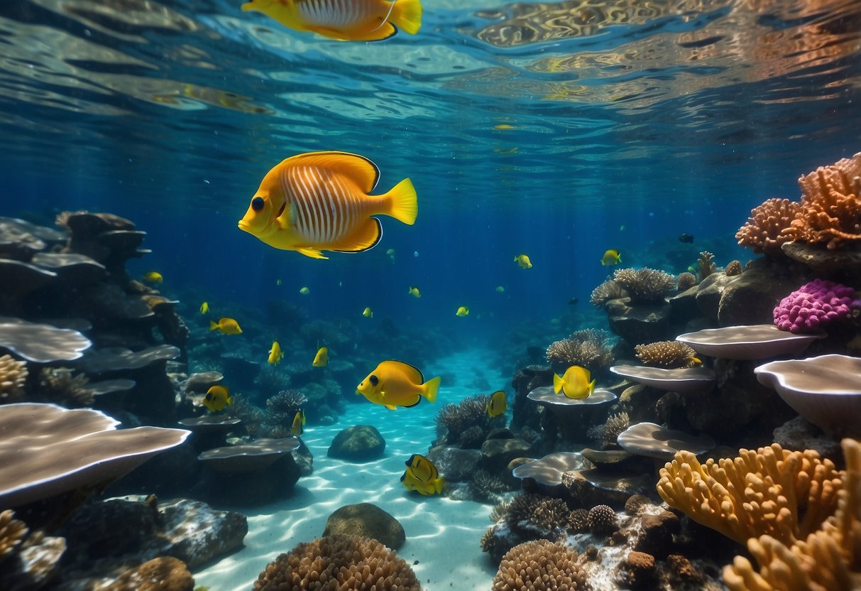 Clear blue water flows around colorful coral formations, creating gentle ripples and eddies. Fish swim effortlessly against the current, demonstrating the power and direction of the underwater flow