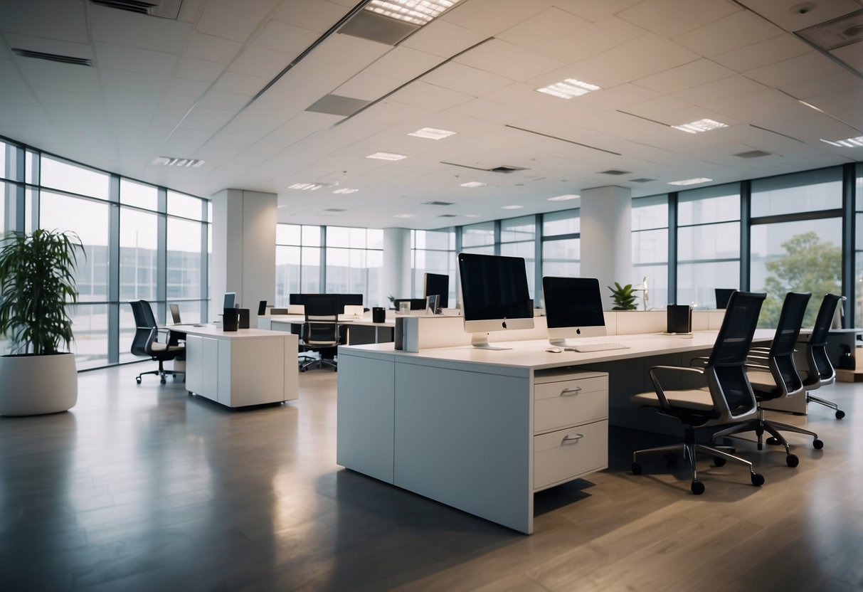Employees browsing sleek, modern office furniture in a spacious showroom. Various desks, chairs, and storage units on display. Bright lighting and clean, minimalist design