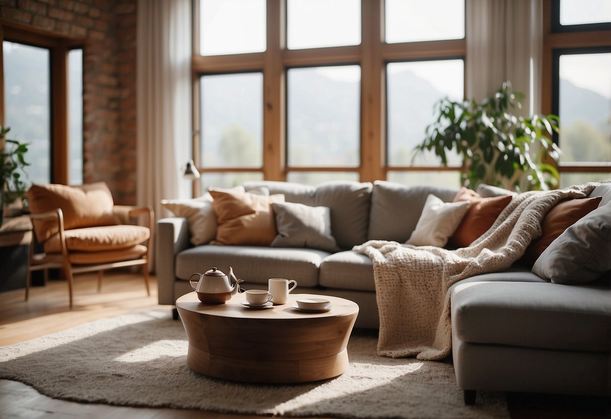 A living room with a cozy Origin Home sofa, soft cushions, and a warm throw blanket. A side table holds a cup of tea, and the room is filled with natural light