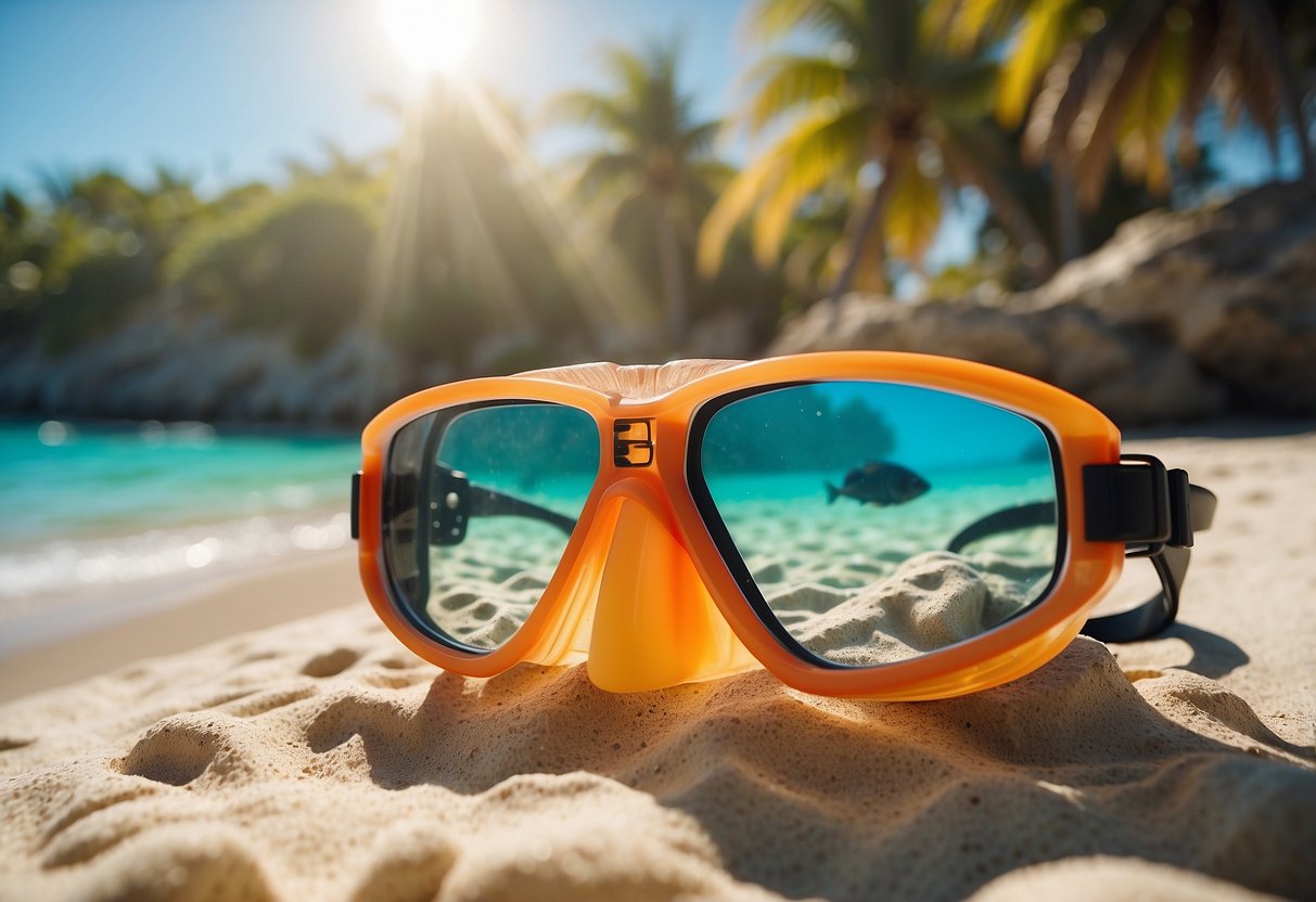 Crystal-clear water with colorful coral and fish. Five pairs of snorkeling fins laid out on the sandy beach. Sunshine and palm trees in the background