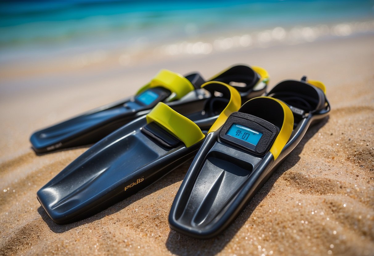 A pair of U.S. Divers Proflex II snorkel fins lay on a sandy beach, surrounded by crystal clear water and colorful coral reefs