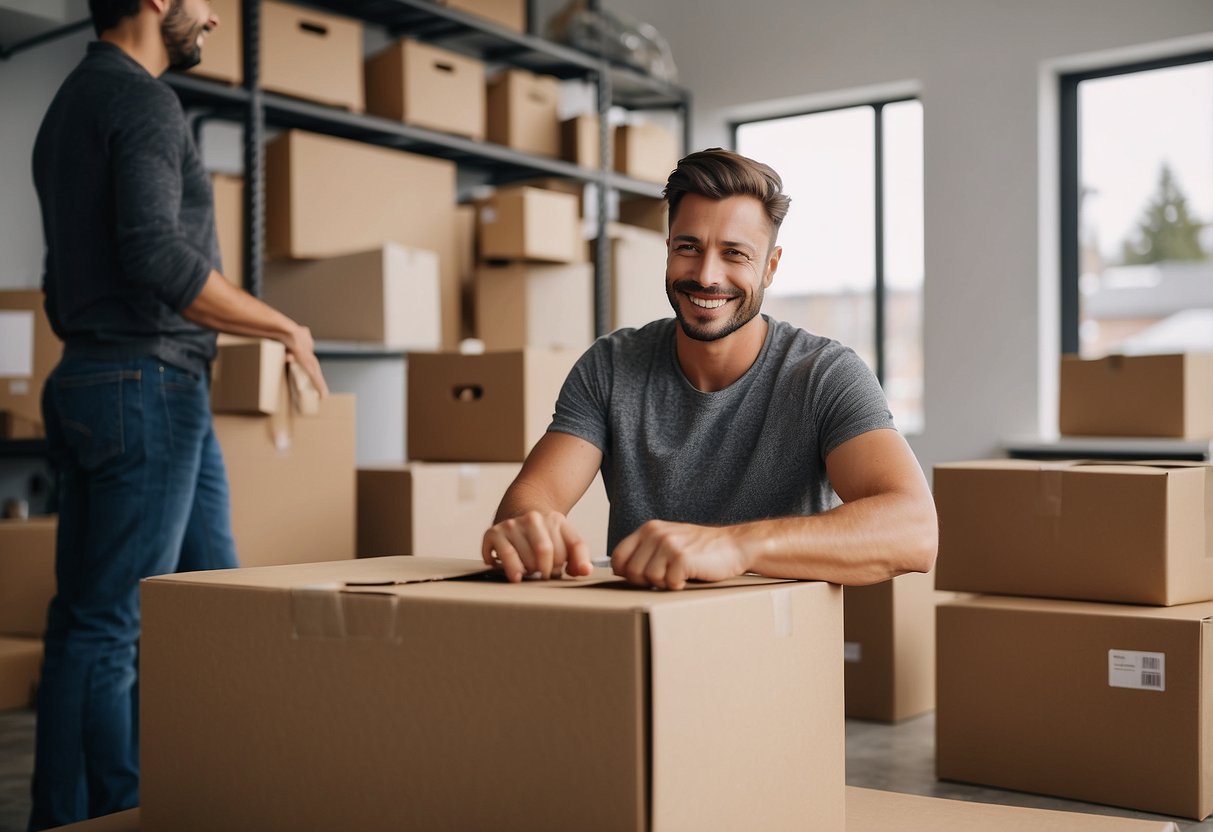 A customer happily unboxes and assembles their new Origin Home Furniture, admiring its sleek design and sturdy construction